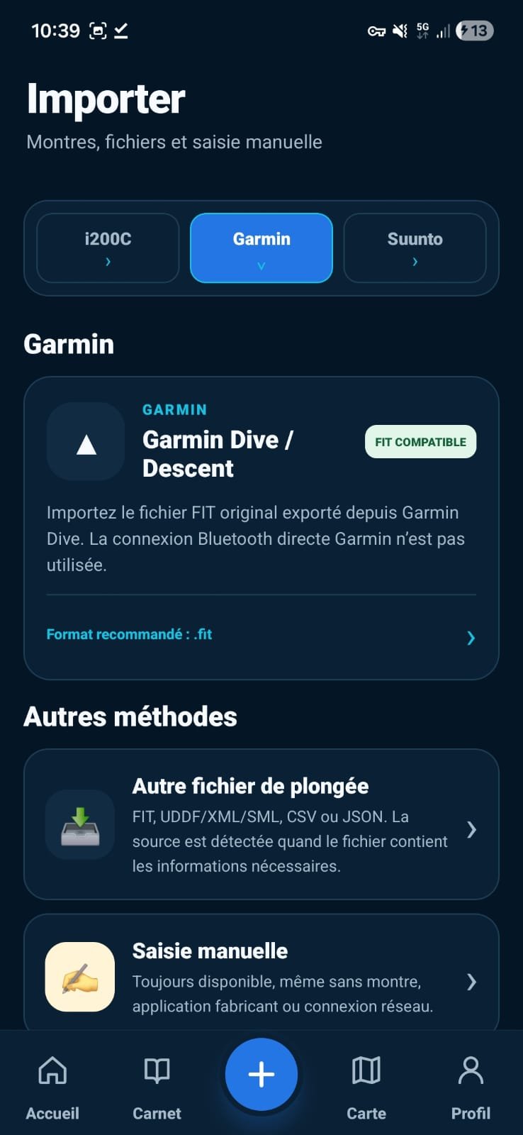 Écran BlueOra proposant l’import Garmin, plusieurs formats de fichiers et la saisie manuelle