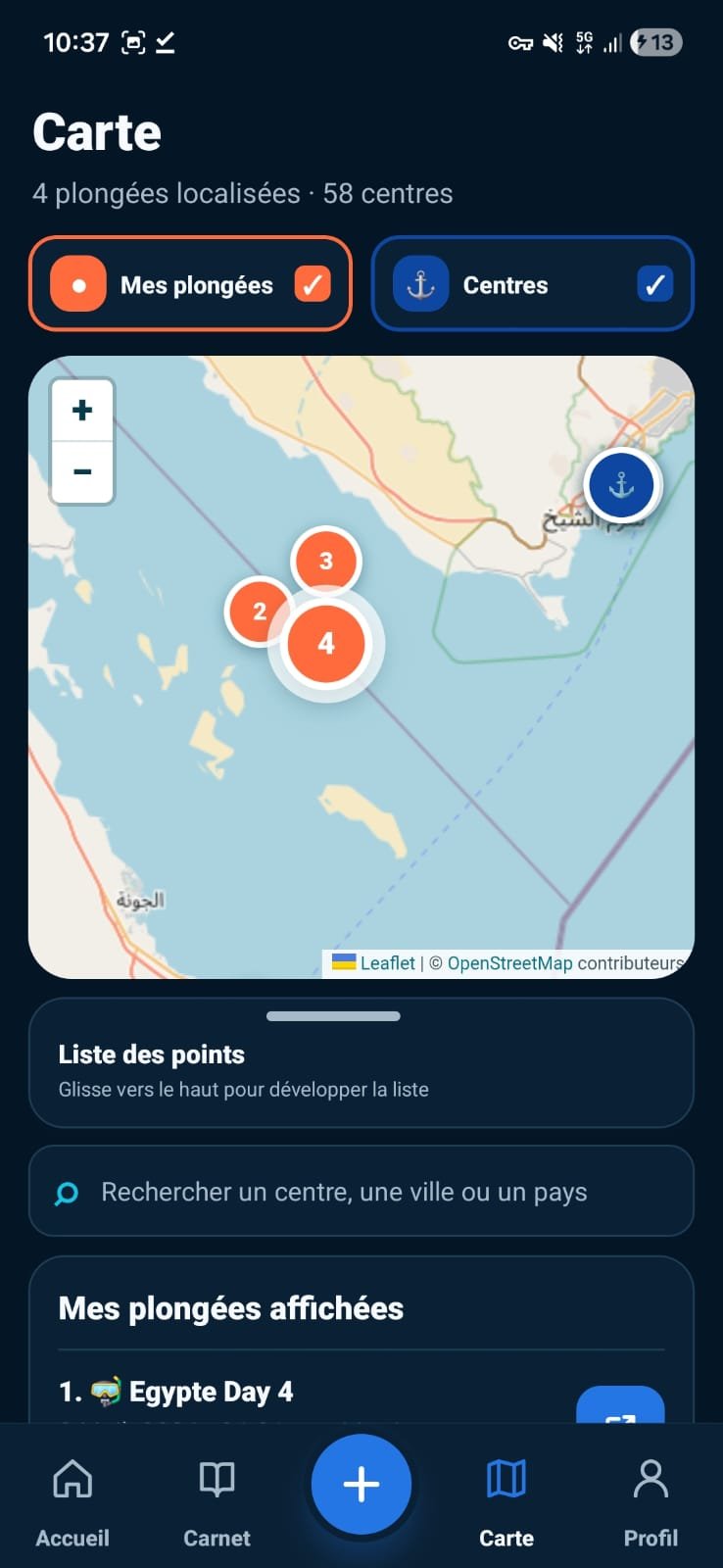 Carte BlueOra affichant des plongées et des centres à proximité