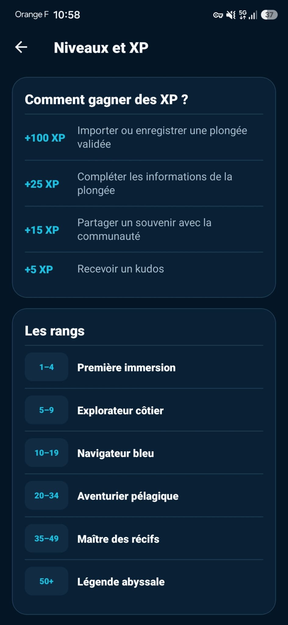 Écran BlueOra expliquant les gains d’XP et les différents rangs de plongeur